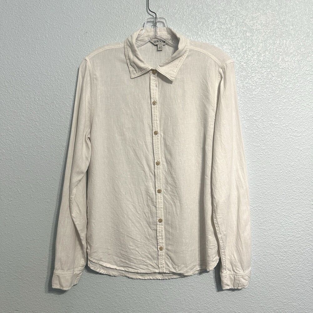 Orvis Classic Collection White Linen Blend Button Down Shirt Womens Size Small